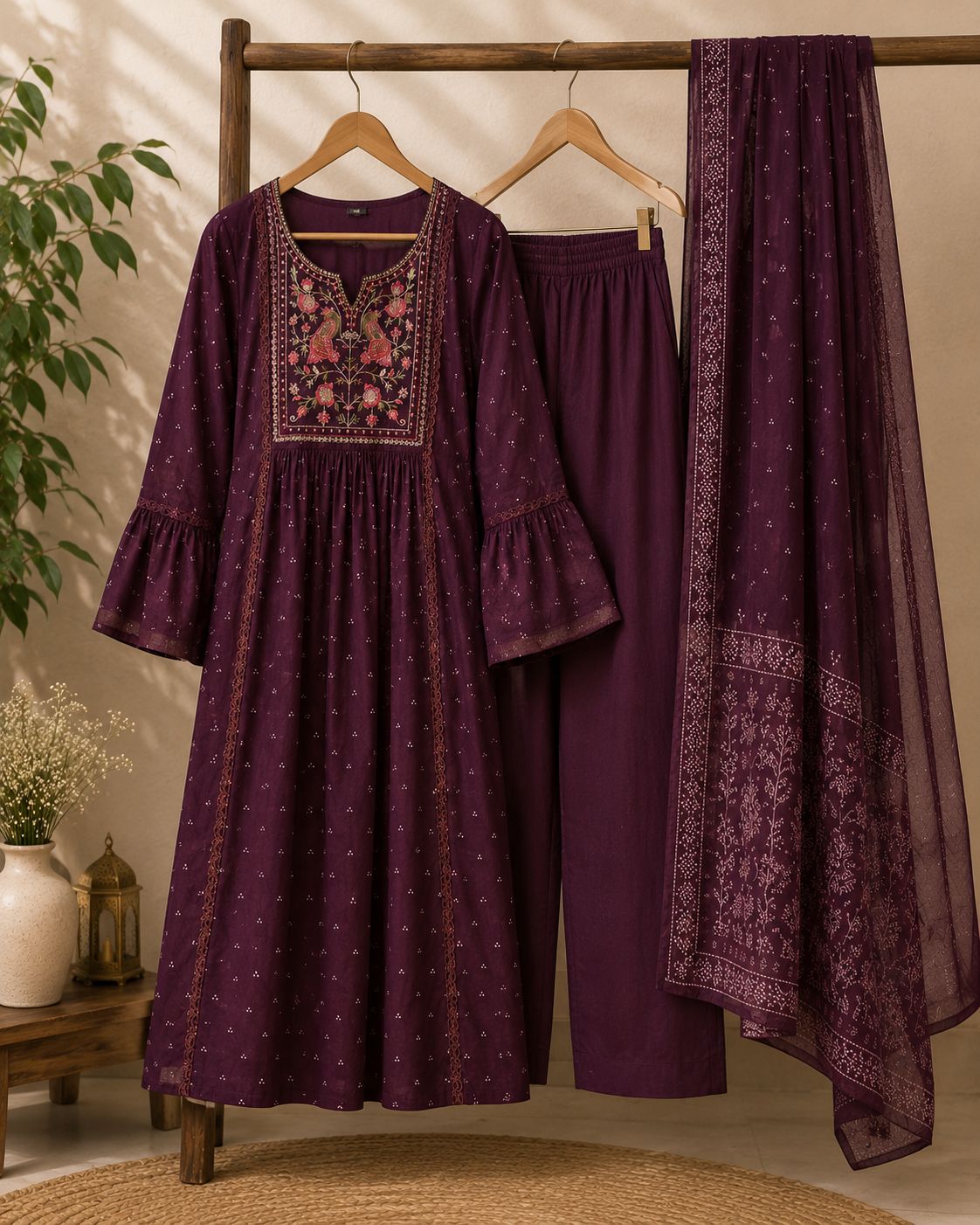 Plum Embroidered Kurta Set