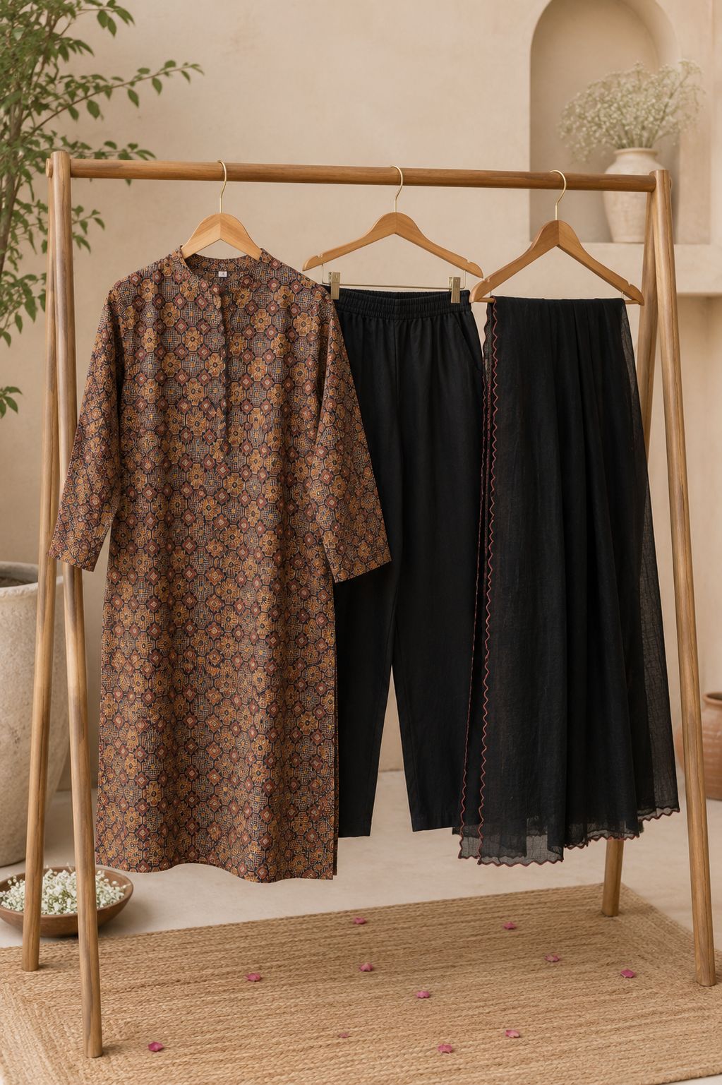 Black Printed Cotton Kurta Set