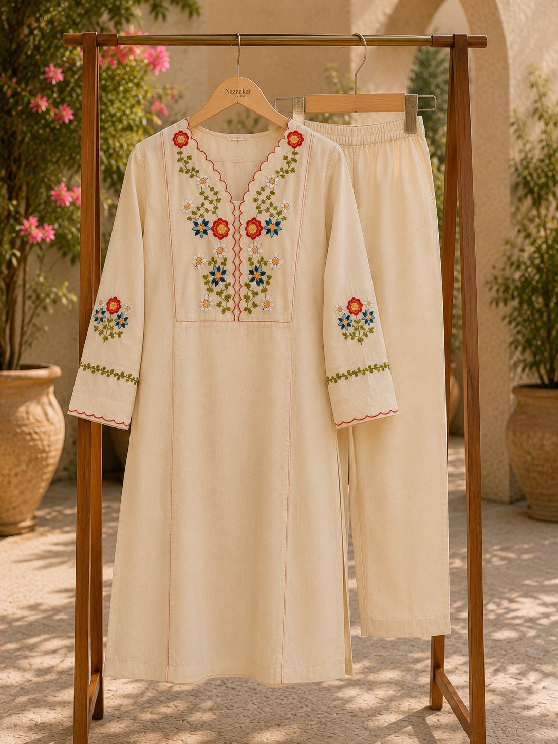 Off-White Embroidered Cotton Kurta Set