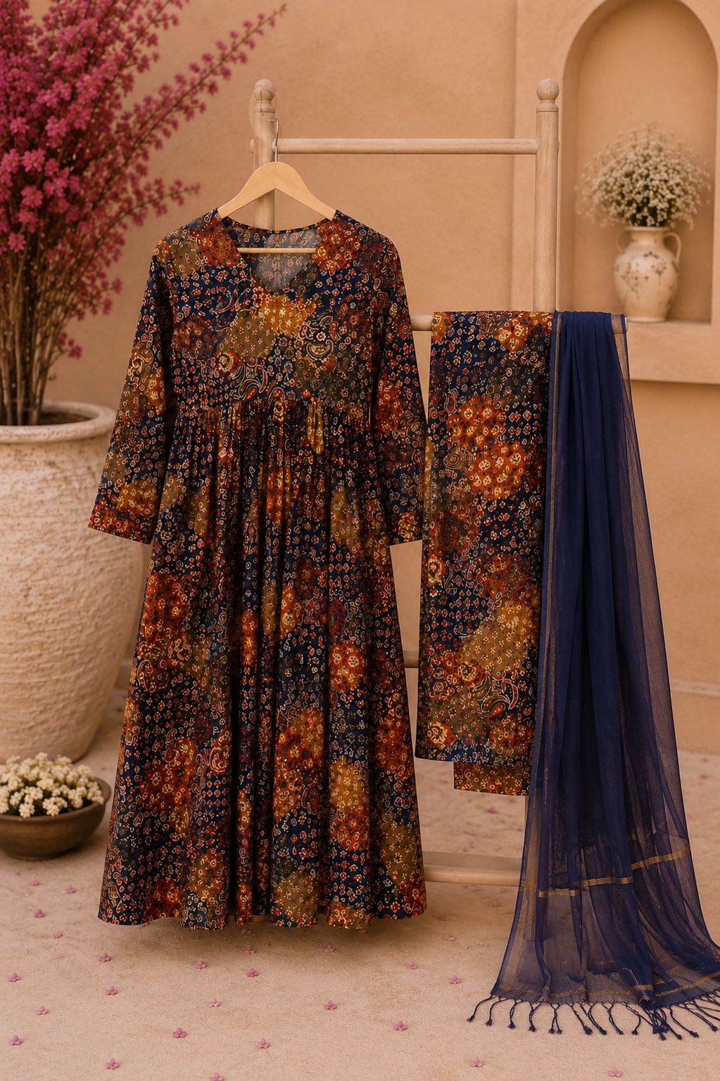 Navy Blue Printed Cotton Kurta Set