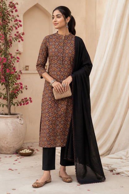 Black Printed Cotton Kurta Set