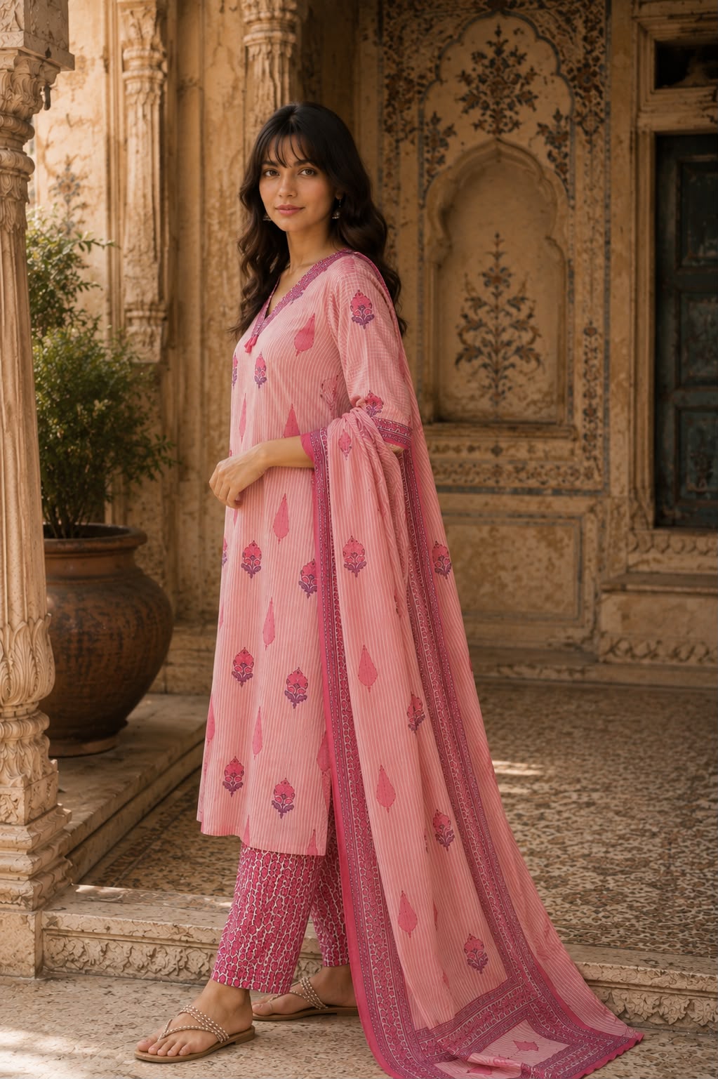 Pink Jaipur Print Cotton Suit Set