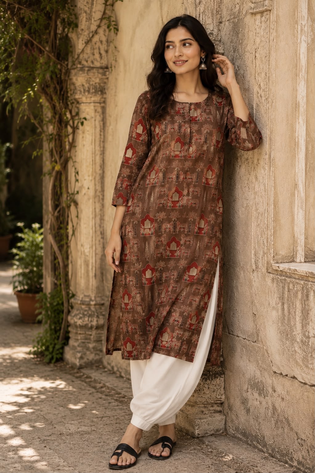 Brown Mughal Print Cotton Kurti