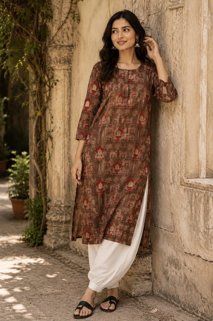 Brown Mughal Print Cotton Kurti