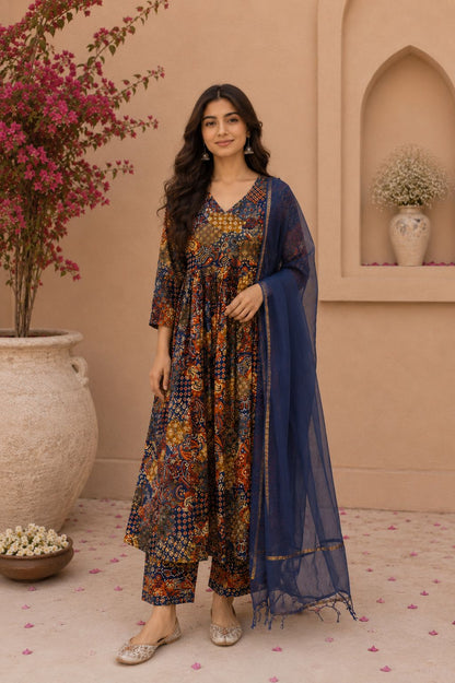 Navy Blue Printed Cotton Kurta Set