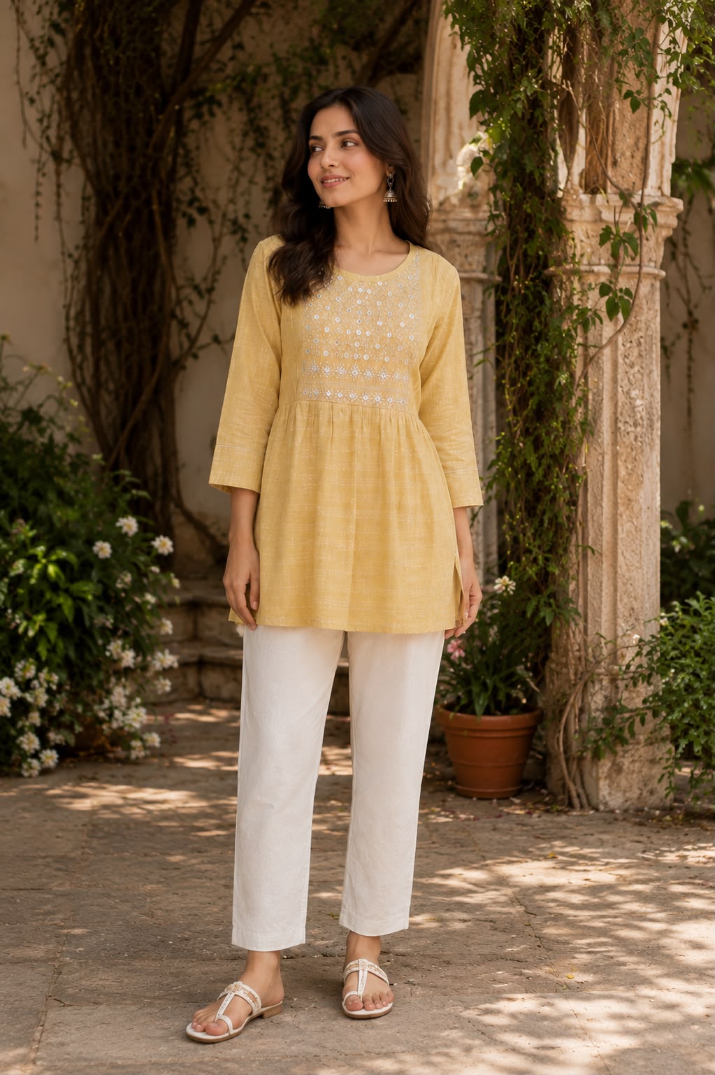 Pastel Yellow Embroidered Short Kurti