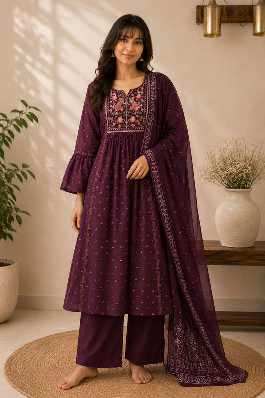 Plum Embroidered Kurta Set