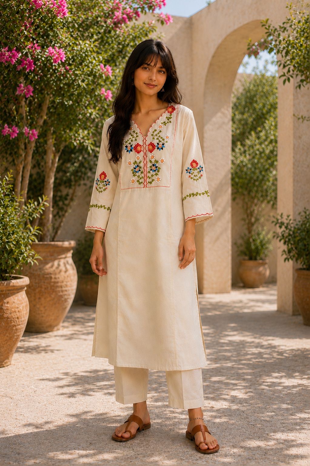 Off-White Embroidered Cotton Kurta Set
