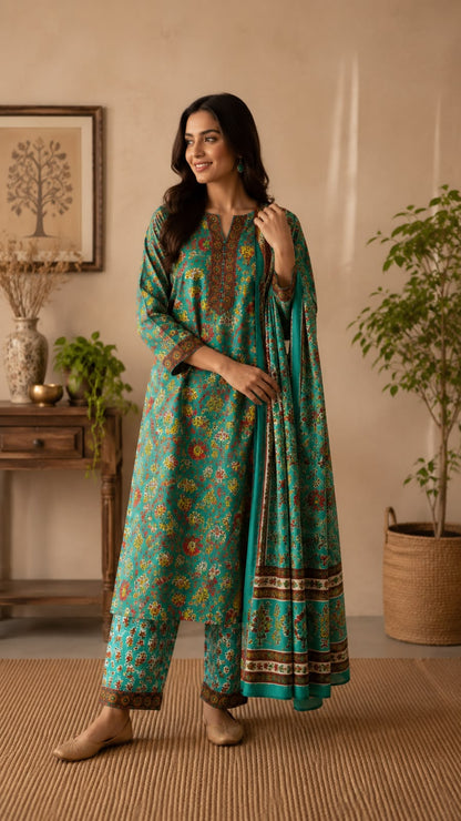 Kalamkari Printed Three-Piece Suit Set