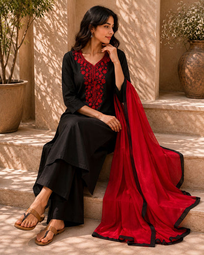 Black Embroidered Silk Kurta Set