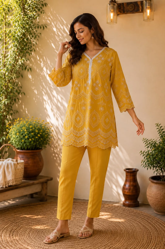 Yellow Schiffli Cotton Co-ord Set