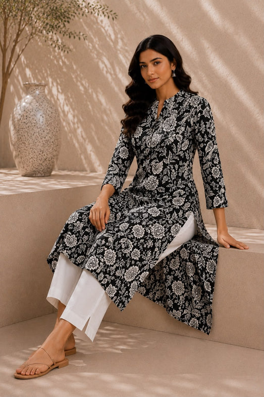 Black Floral Cotton Kurti