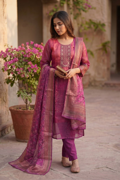 Magenta Embroidered Suit Set