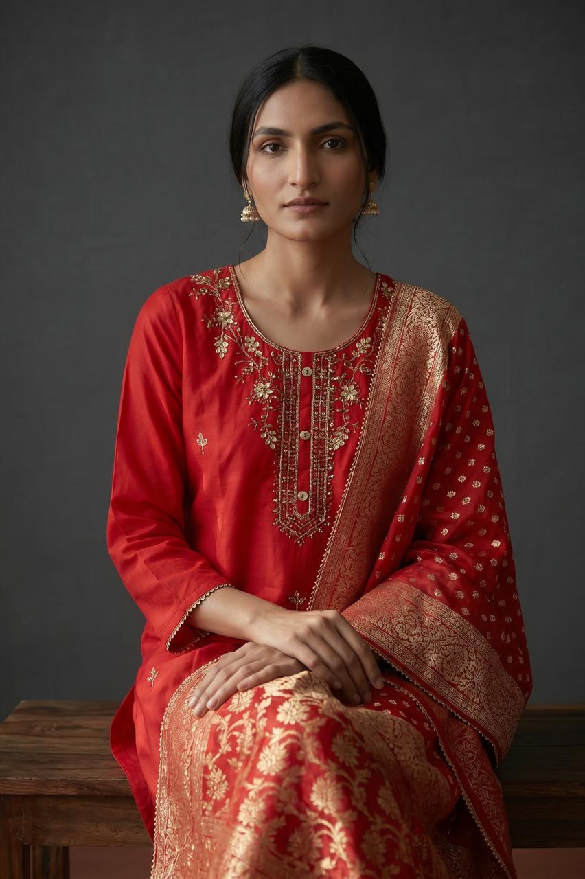 Red Gota Patti Silk Set with Banarasi Dupatta