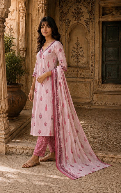 Pink Jaipur Print Cotton Suit Set