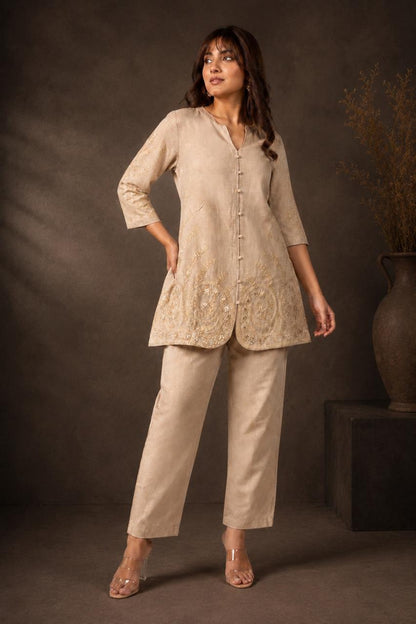 Beige Embroidered Co-ord Set