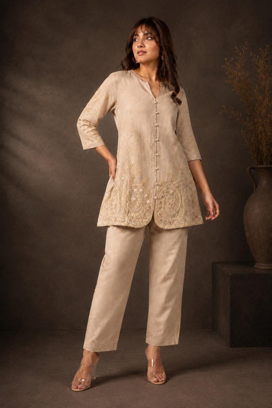 Beige Embroidered Co-ord Set