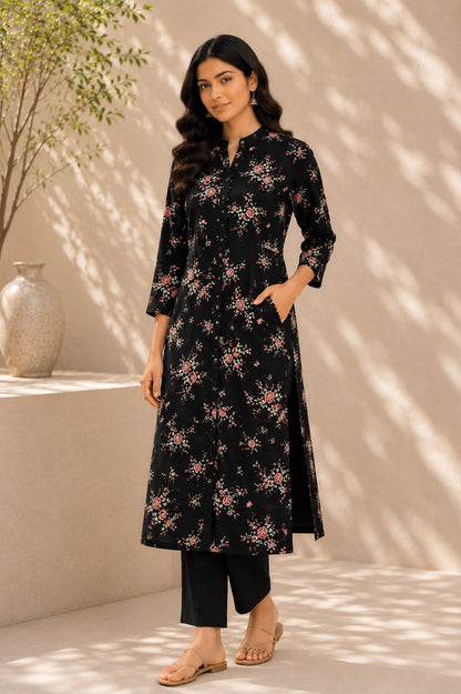 Black Floral Rayon Cotton Kurti