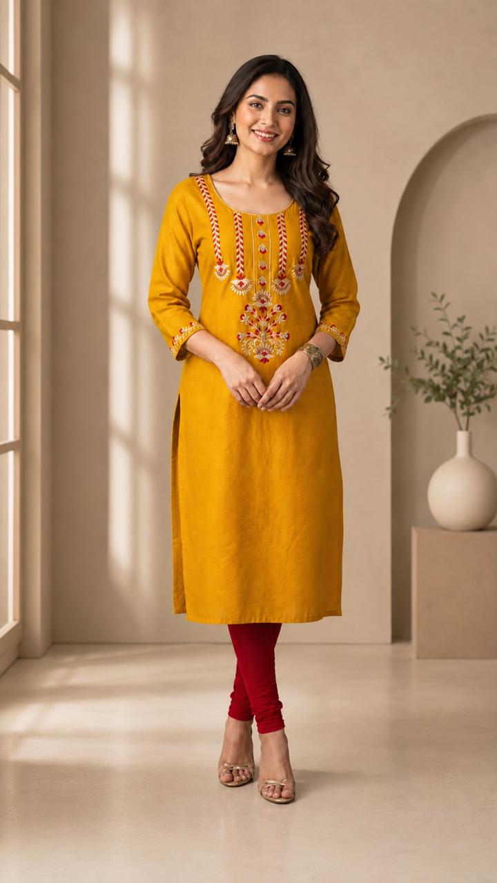 Mustard Embroidered Kurti