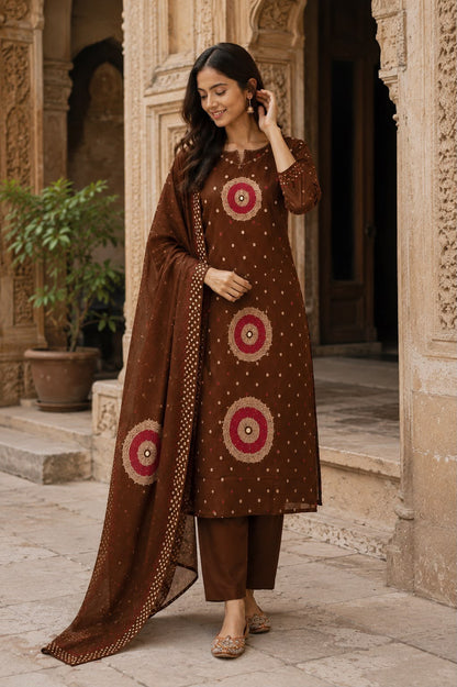 Brown Bandhani Suit Set