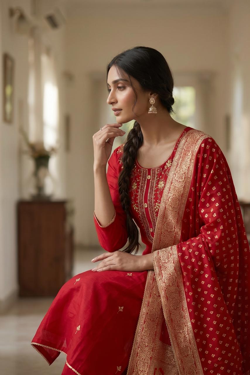 Red Gota Patti Silk Set with Banarasi Dupatta