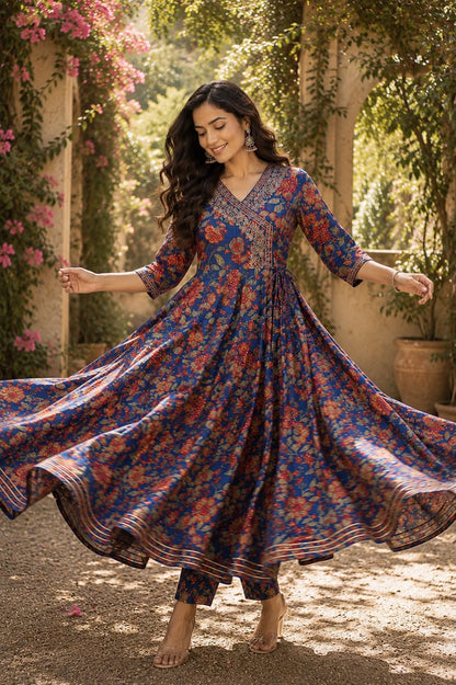 Indigo Bloom Anarkali Suit Set