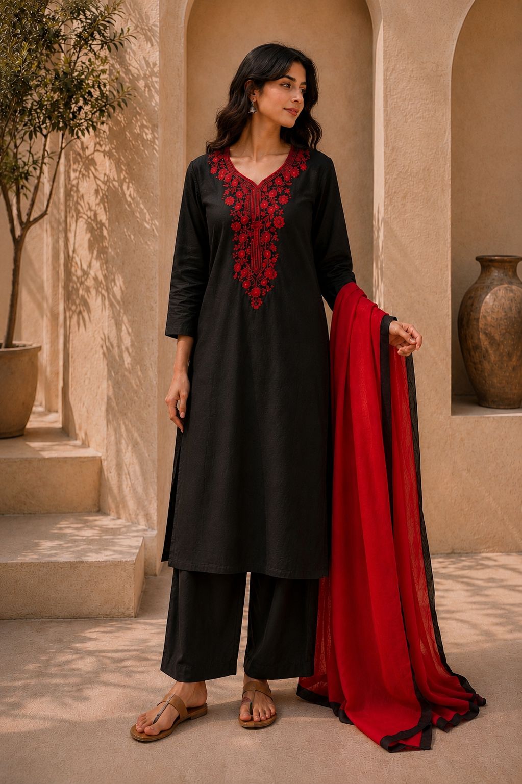 Black Embroidered Silk Kurta Set