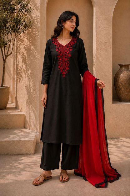Black Embroidered Silk Kurta Set