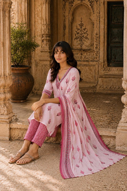 Pink Jaipur Print Cotton Suit Set