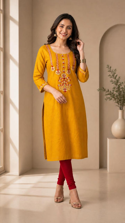 Mustard Embroidered Kurti