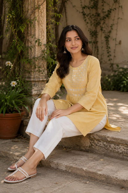 Pastel Yellow Embroidered Short Kurti