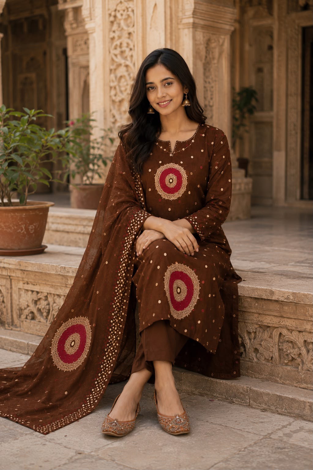Brown Bandhani Suit Set