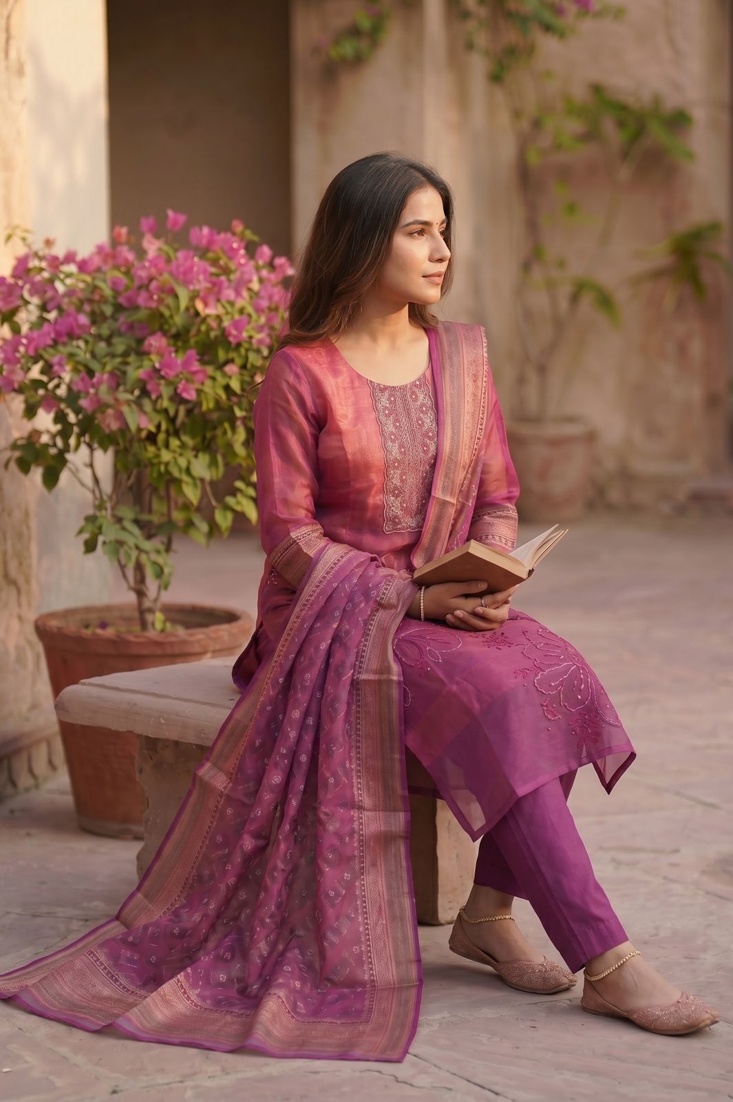 Magenta Embroidered Suit Set