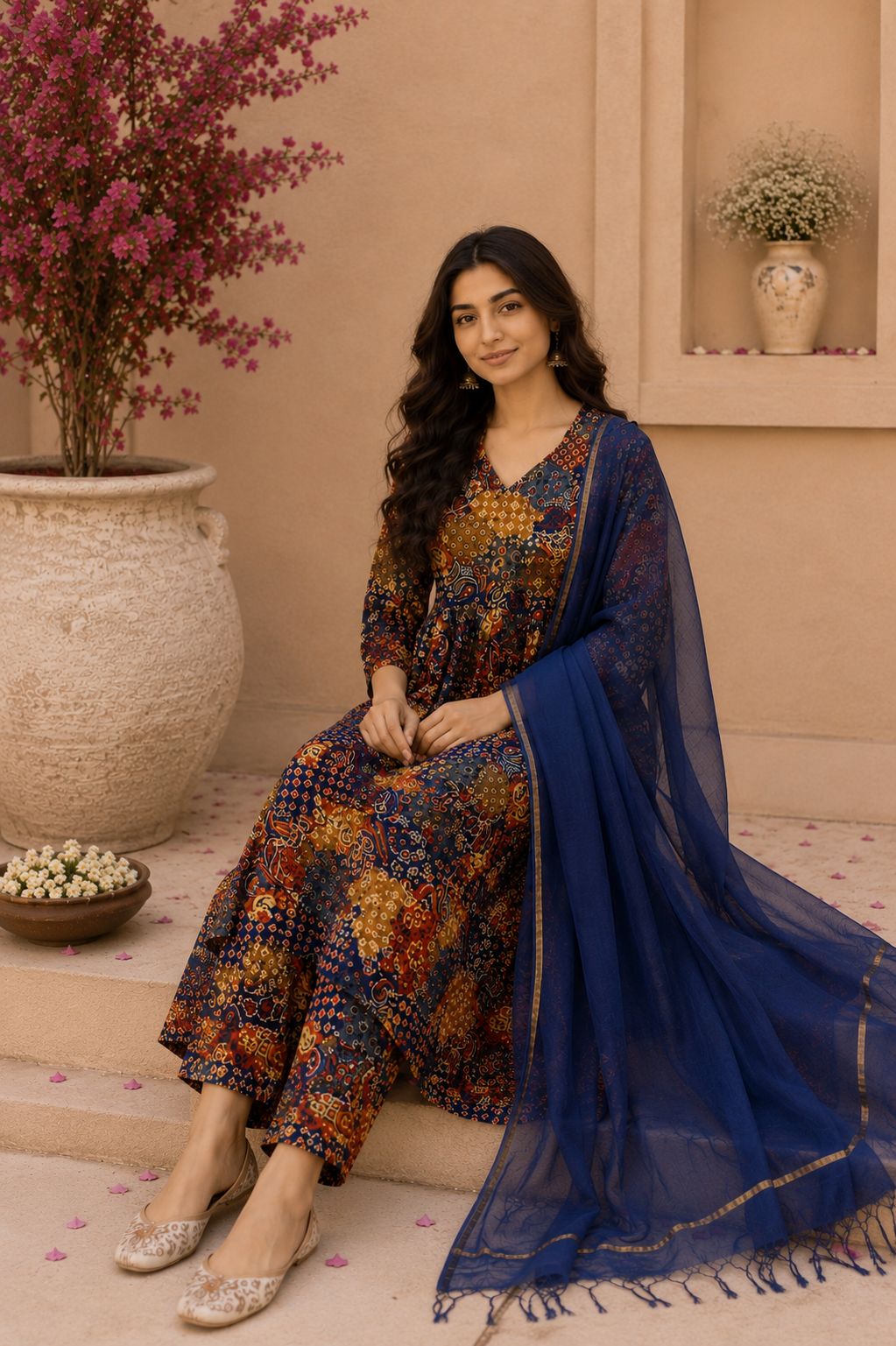 Navy Blue Printed Cotton Kurta Set