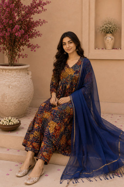 Navy Blue Printed Cotton Kurta Set