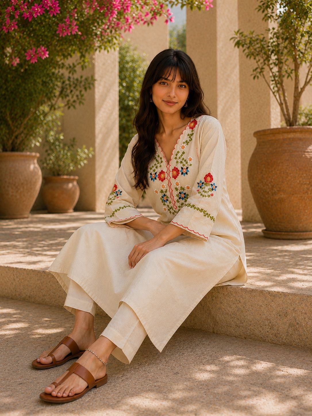 Off-White Embroidered Cotton Kurta Set