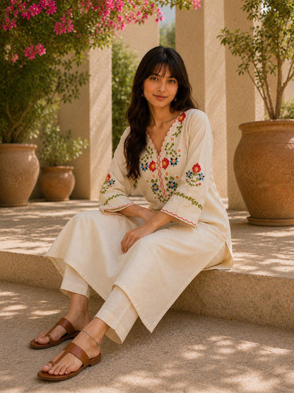 Off-White Embroidered Cotton Kurta Set