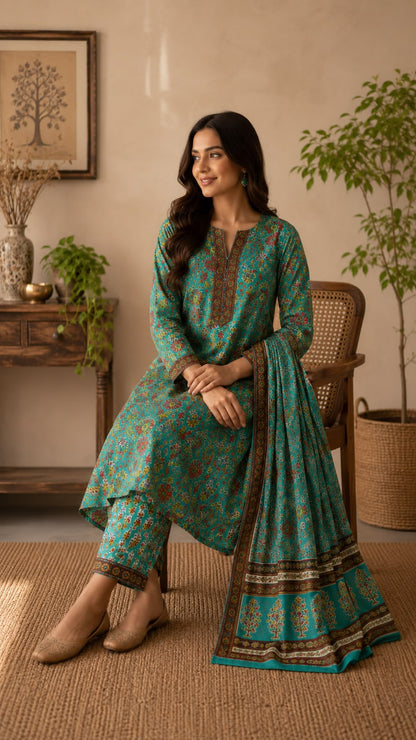 Kalamkari Printed Three-Piece Suit Set