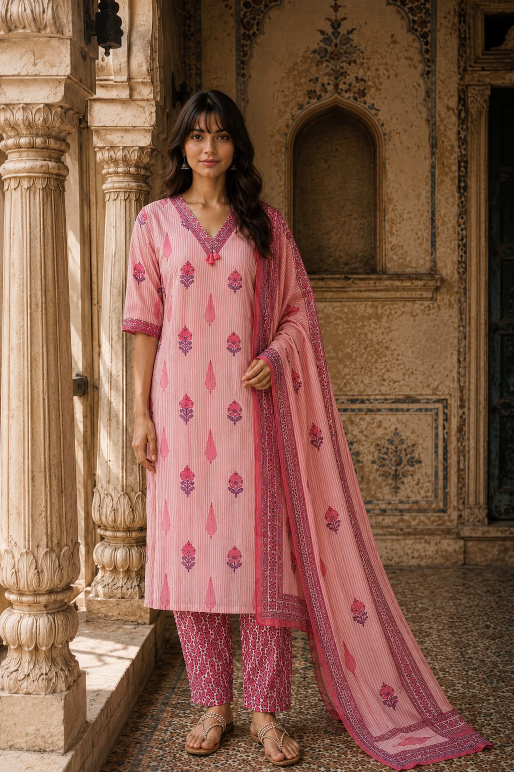 Pink Jaipur Print Cotton Suit Set