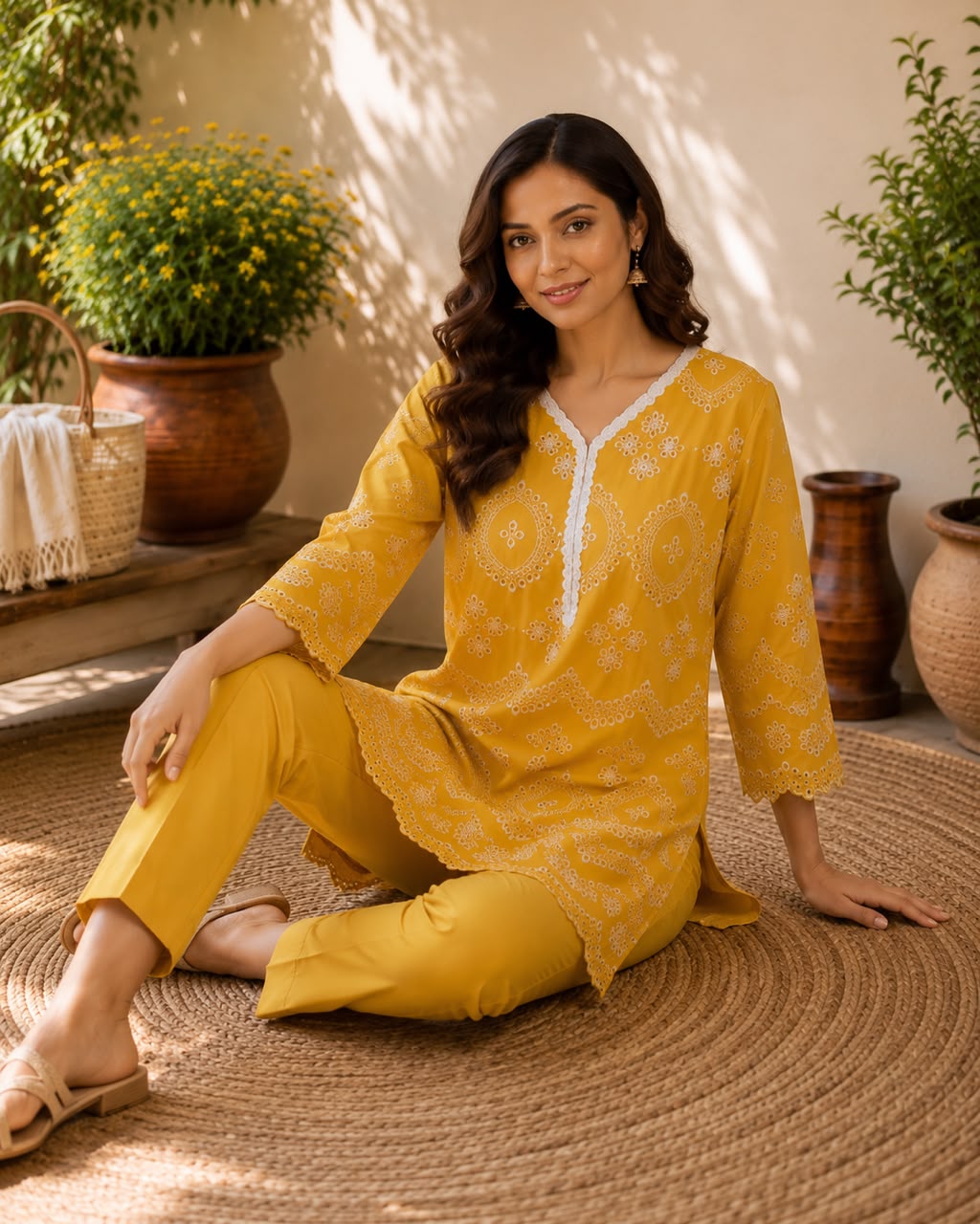 Yellow Schiffli Cotton Co-ord Set
