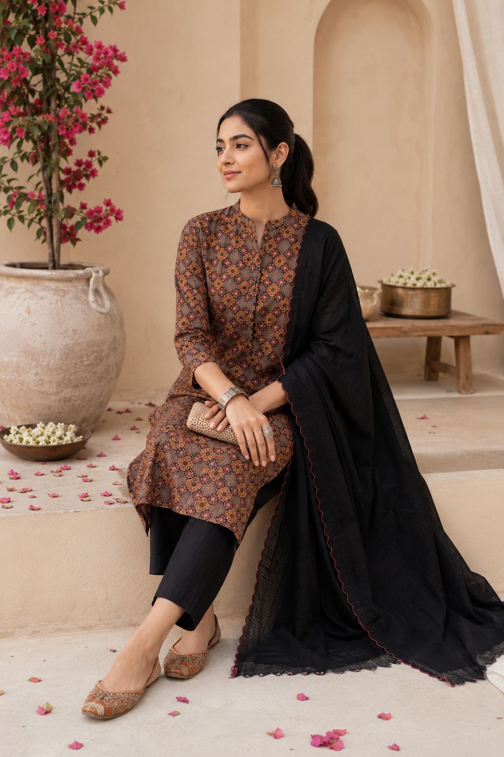 Black Printed Cotton Kurta Set