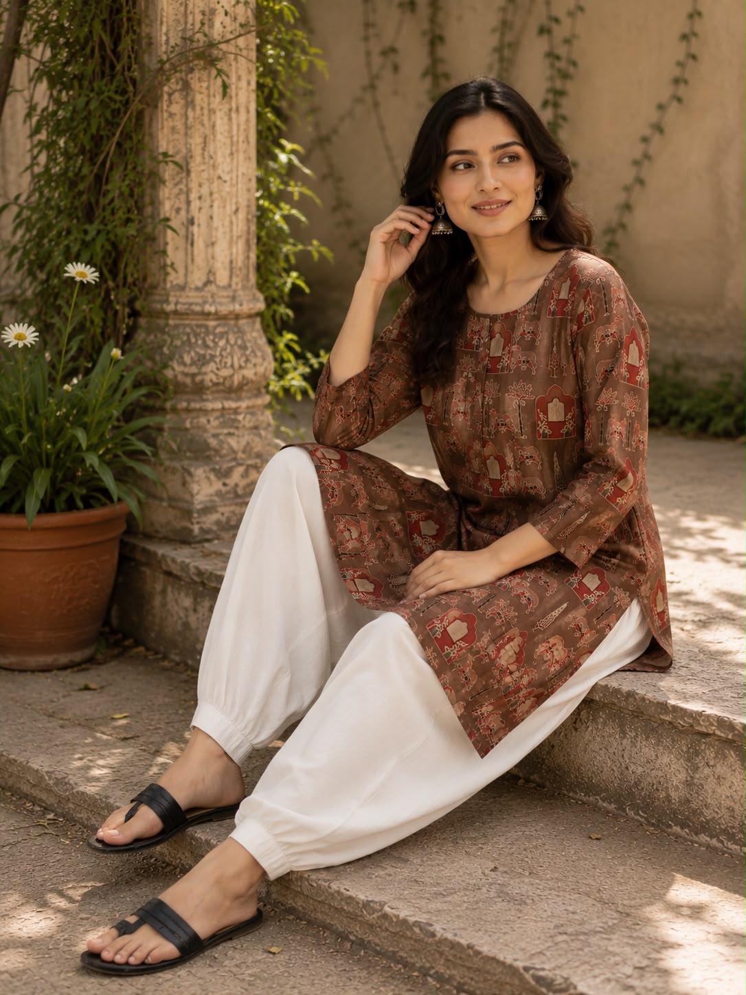 Brown Mughal Print Cotton Kurti