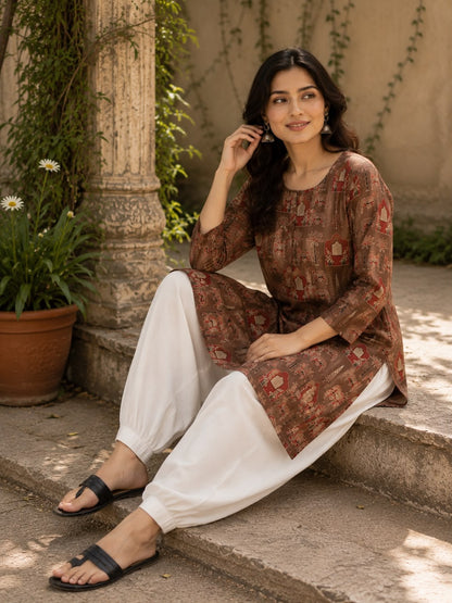 Brown Mughal Print Cotton Kurti