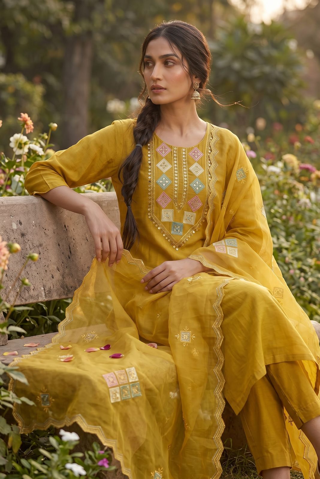 Mustard Mirror work suit set