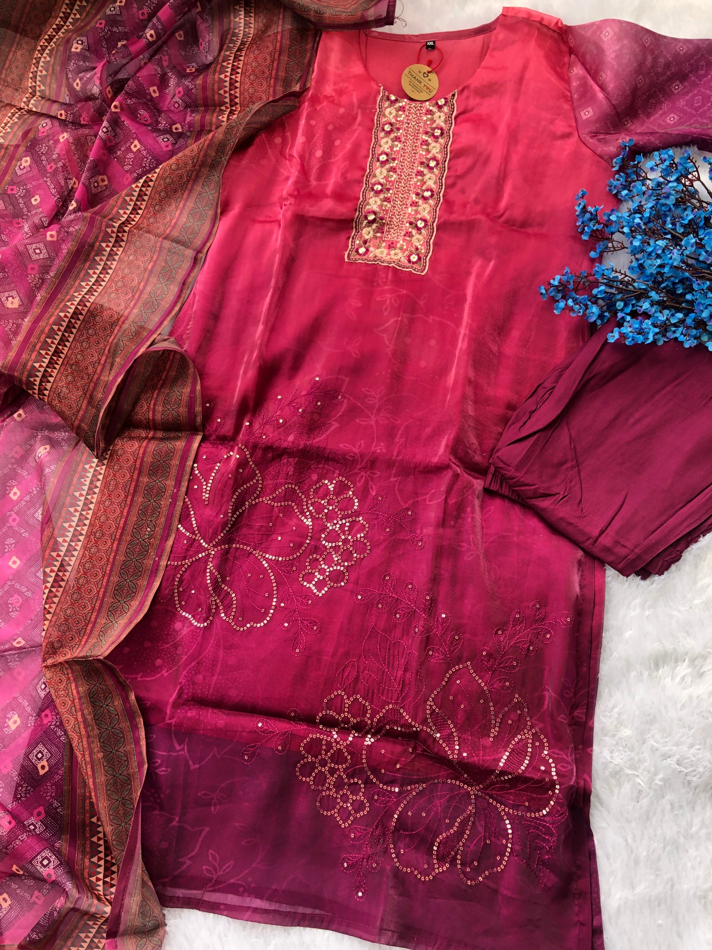 Wine Ombre Embroidered Suit Set with Duppatta