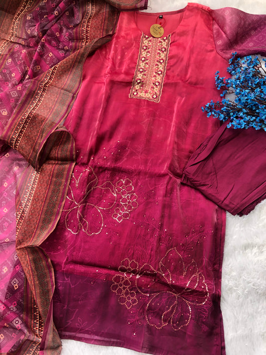 Wine Ombre Embroidered Suit Set with Duppatta