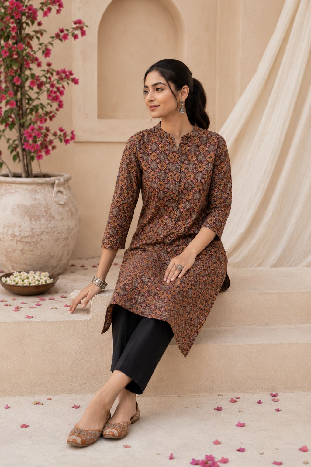 Black Printed Cotton Kurta Set