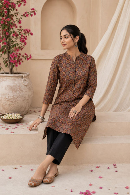 Black Printed Cotton Kurta Set