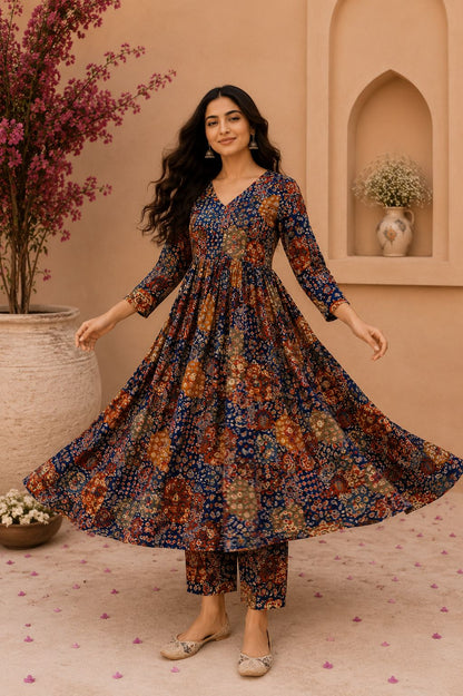 Navy Blue Printed Cotton Kurta Set