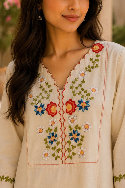 Off-White Embroidered Cotton Kurta Set